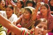 Female garment workers in sit-down demonstration